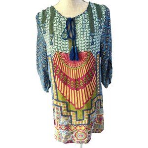 Vibrant Tolani Silk Tunic With Geometric Peacock Inspired Print XS